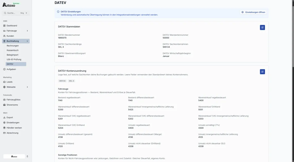 DATEV-Anbindung in Autaxo mit Kanzlei-Stammdaten und Kontenzuordnung