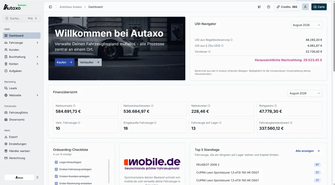 Autaxo Dashboard mit Finanzübersicht, Fahrzeugbestand und Standtagen