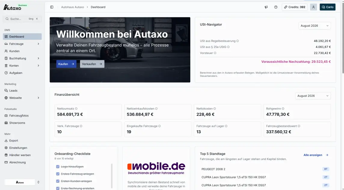 Autaxo Dashboard mit Finanzübersicht, Fahrzeugbestand und Standtagen