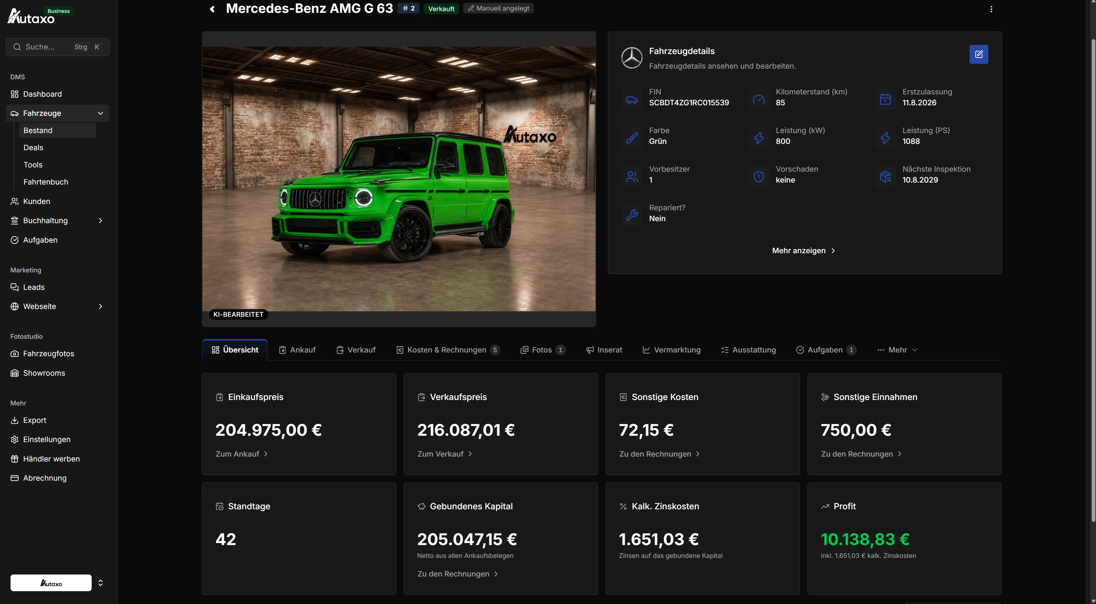 Fahrzeugakte eines Mercedes-Benz AMG G 63 mit Fahrzeugdaten, Einkauf, Verkauf und Kosten