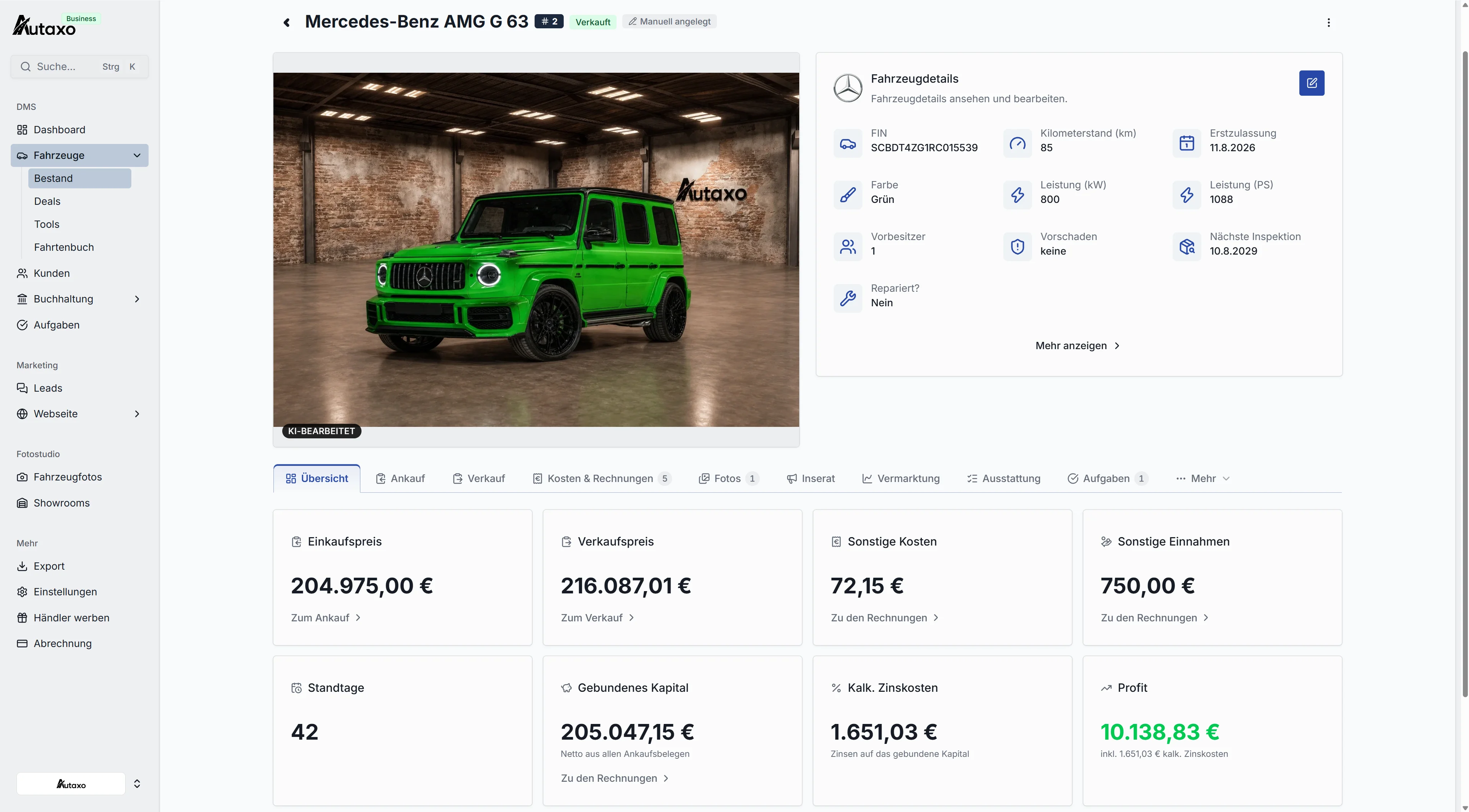 Fahrzeugakte eines Mercedes-Benz AMG G 63 mit Fahrzeugdaten, Einkauf, Verkauf und Kosten