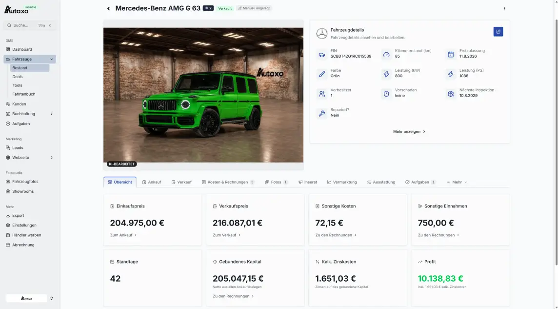 Fahrzeugakte eines Mercedes-Benz AMG G 63 mit Fahrzeugdaten, Einkauf, Verkauf und Kosten