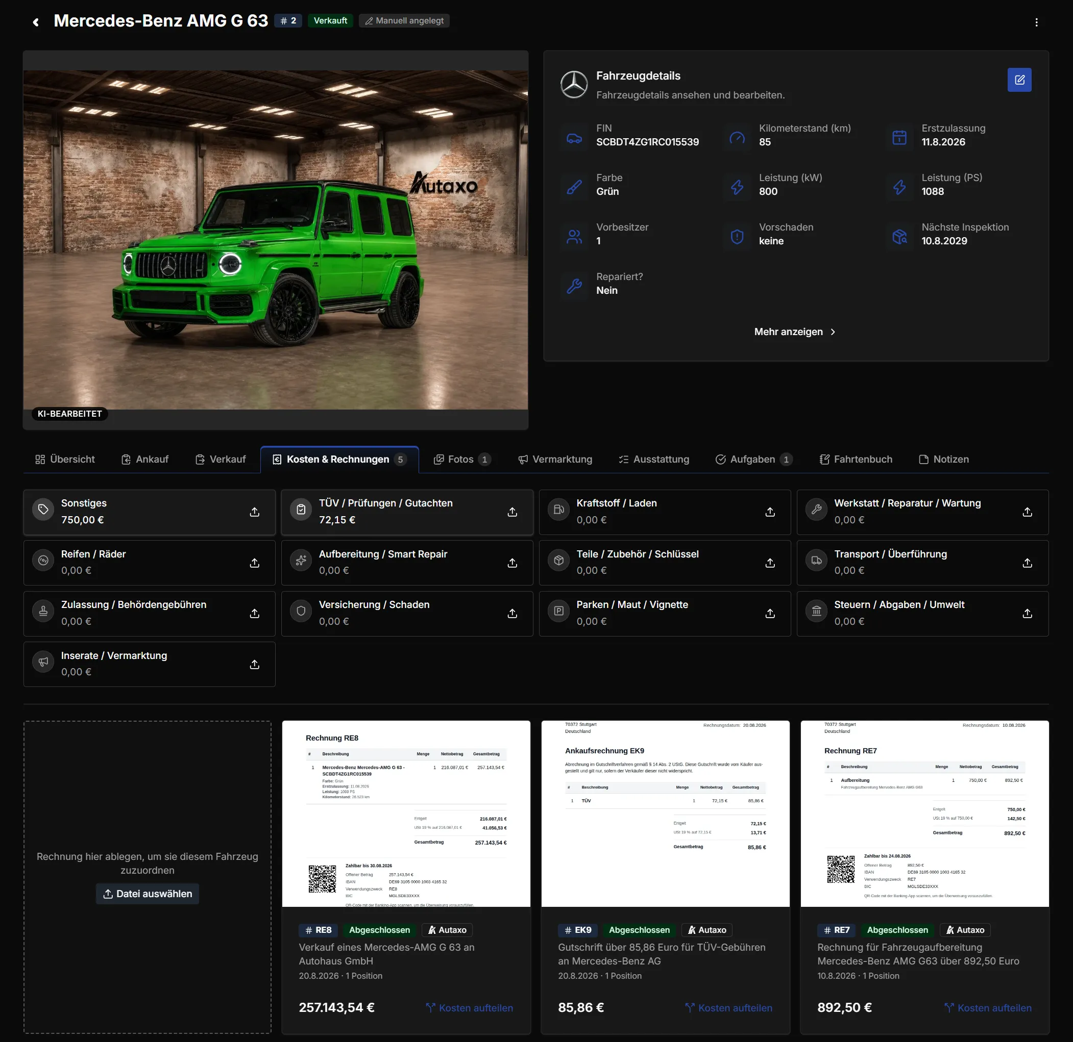 Autaxo Fahrzeugakte eines Mercedes-Benz AMG G 63 im Dark Mode im Bereich Kosten und Rechnungen mit Kostenarten, Beleg-Upload und zugeordneten Rechnungen
