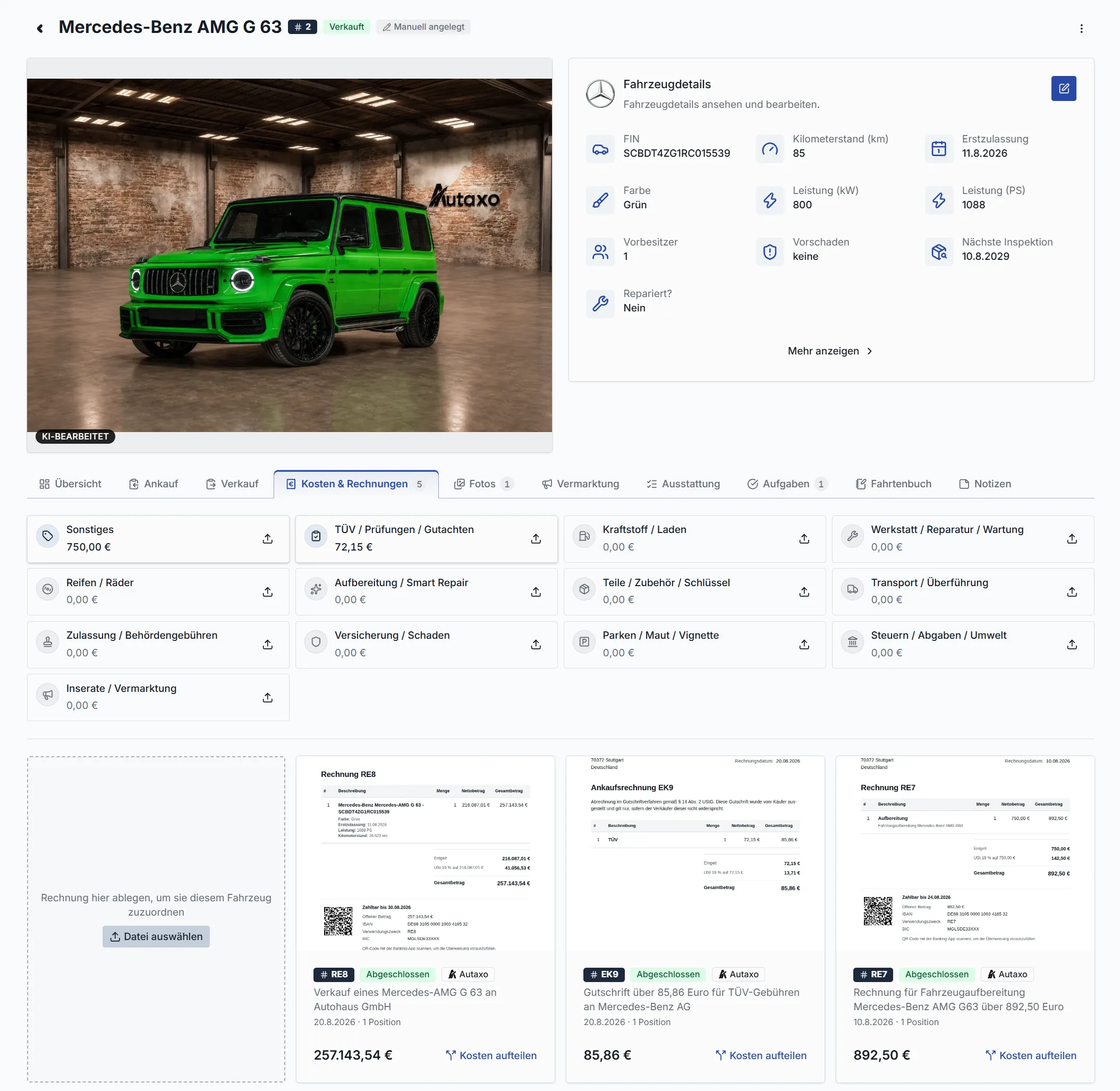 Autaxo Fahrzeugakte eines Mercedes-Benz AMG G 63 in der hellen Ansicht im Bereich Kosten und Rechnungen mit Kostenarten, Beleg-Upload und zugeordneten Rechnungen