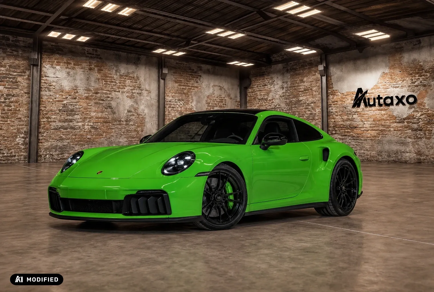 Derselbe grüne Porsche 911 im Showroom-Hintergrund von Autaxo Studio