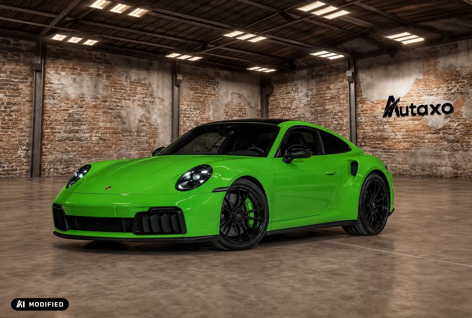 Derselbe grüne Porsche 911 im Showroom-Hintergrund von Autaxo Studio
