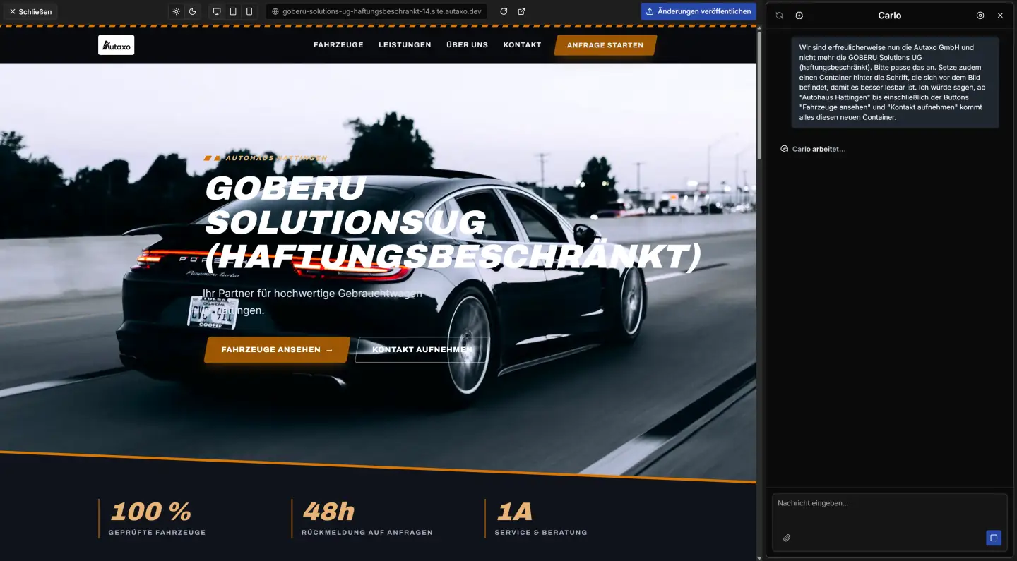 Autaxo Website-Editor während Carlo den gesendeten Änderungswunsch verarbeitet