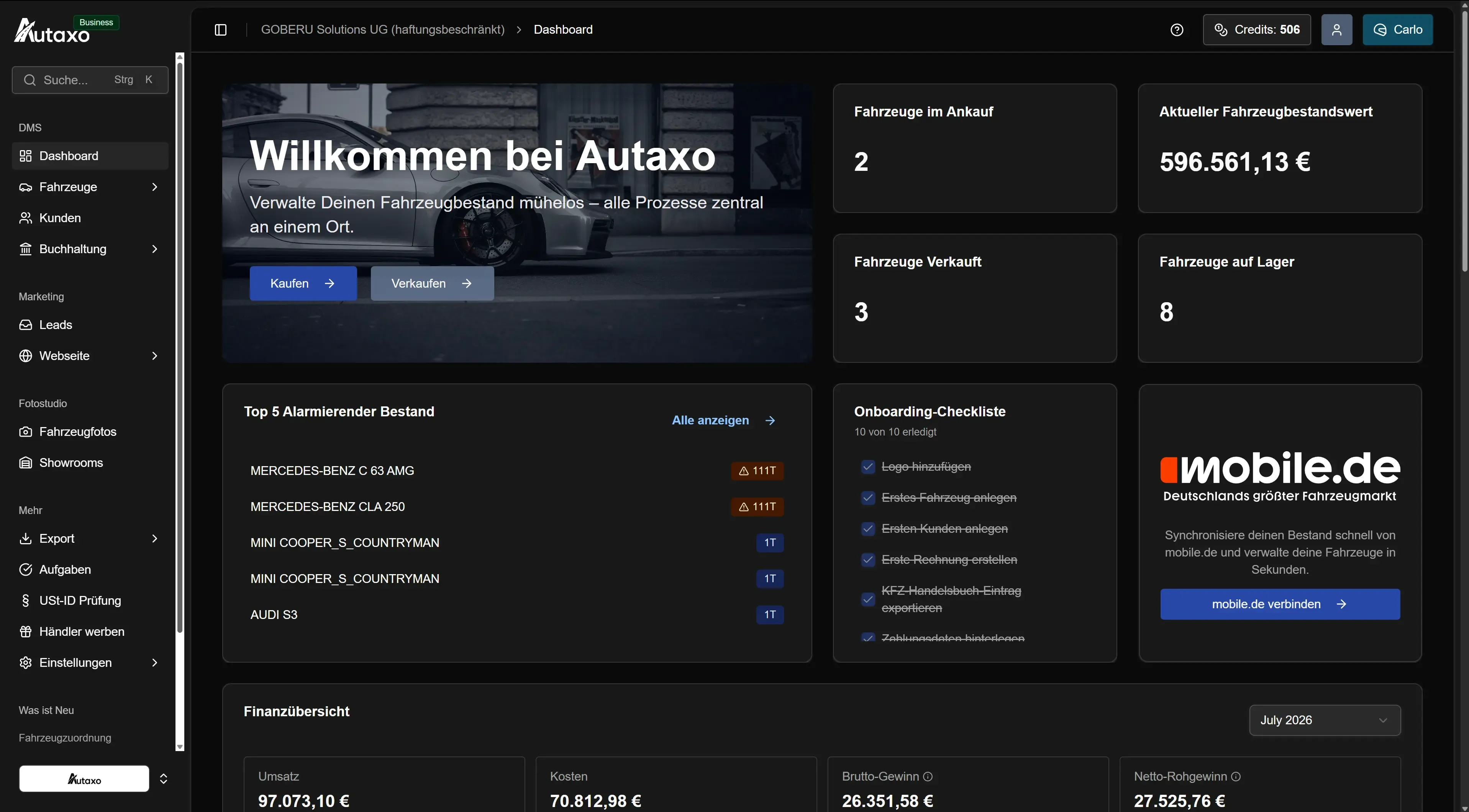 Autaxo Dashboard mit digitaler Fahrzeugakte und Statusübersicht