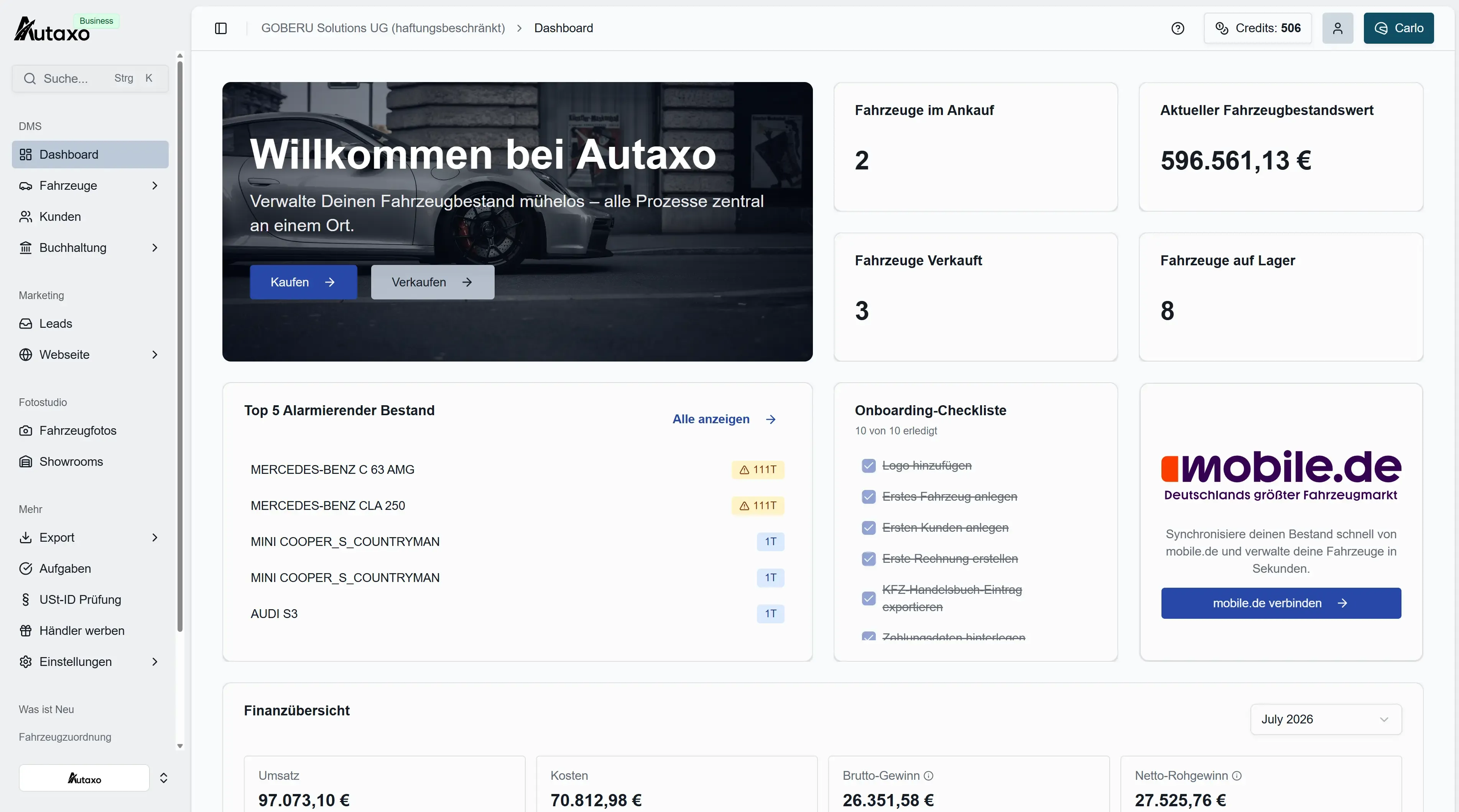 Autaxo Dashboard mit digitaler Fahrzeugakte und Statusübersicht