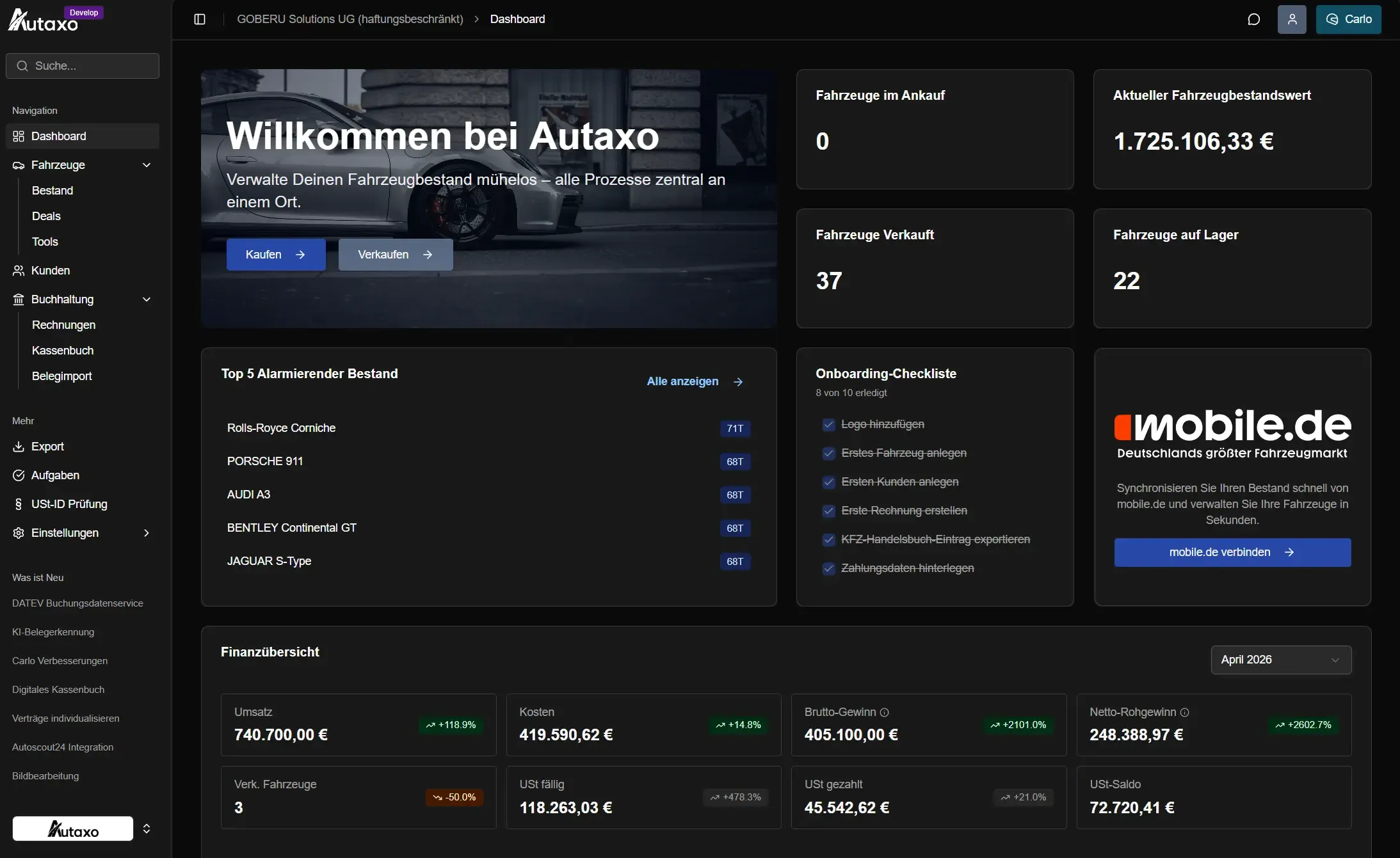 Autaxo Dashboard mit digitaler Fahrzeugakte und Statusübersicht