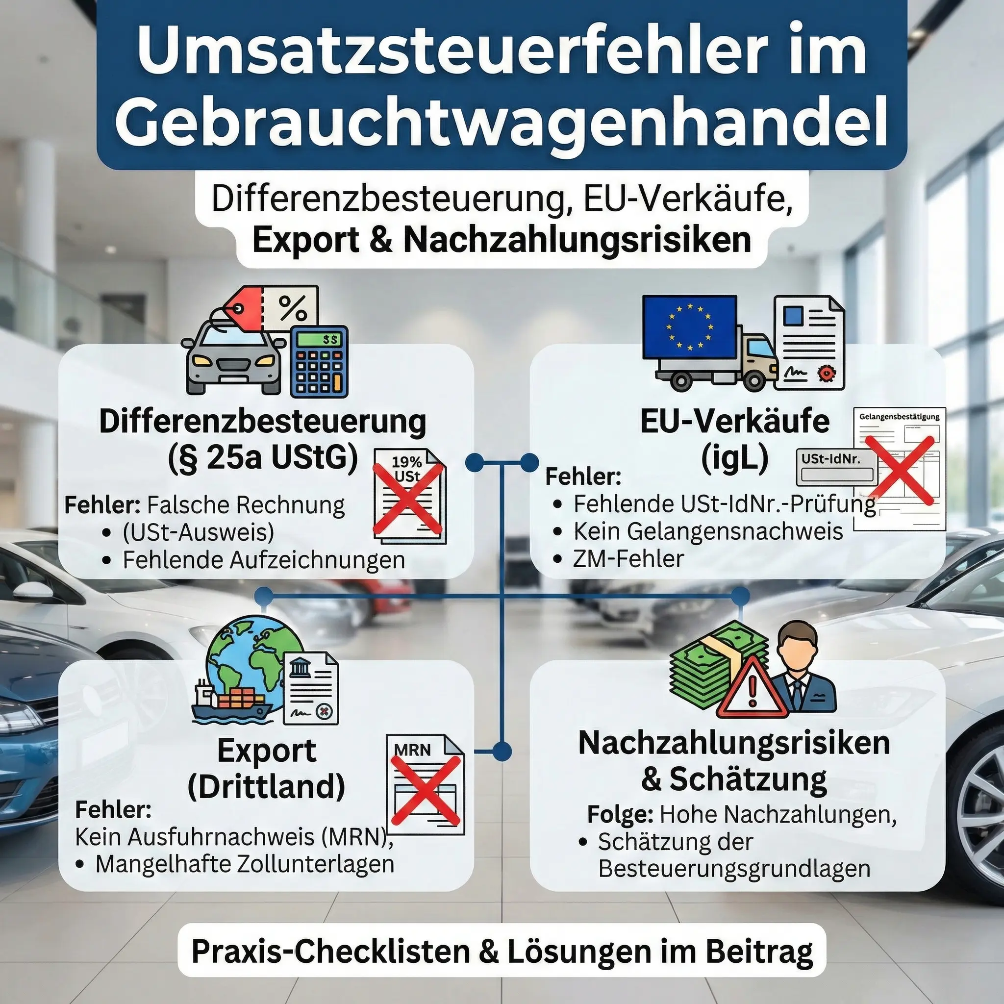 Typische Umsatzsteuerfehler im Gebrauchtwagenhandel: Differenzbesteuerung, EU-Verkäufe & Export