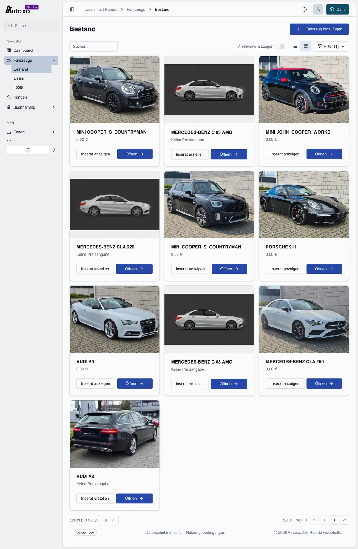 Fahrzeugbestand in der Kachelansicht