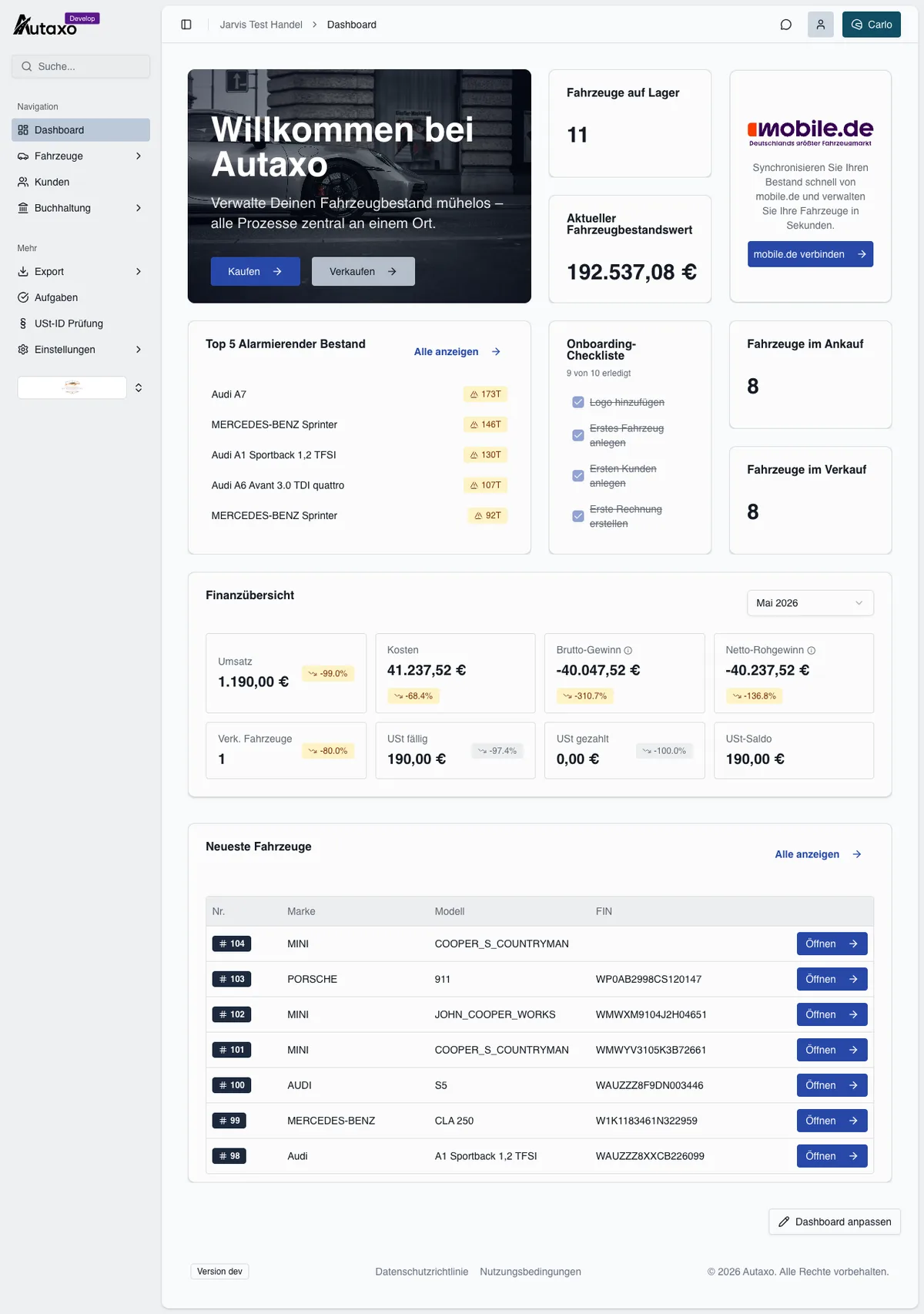 Autaxo Dashboard mit Finanzübersicht und Widgets