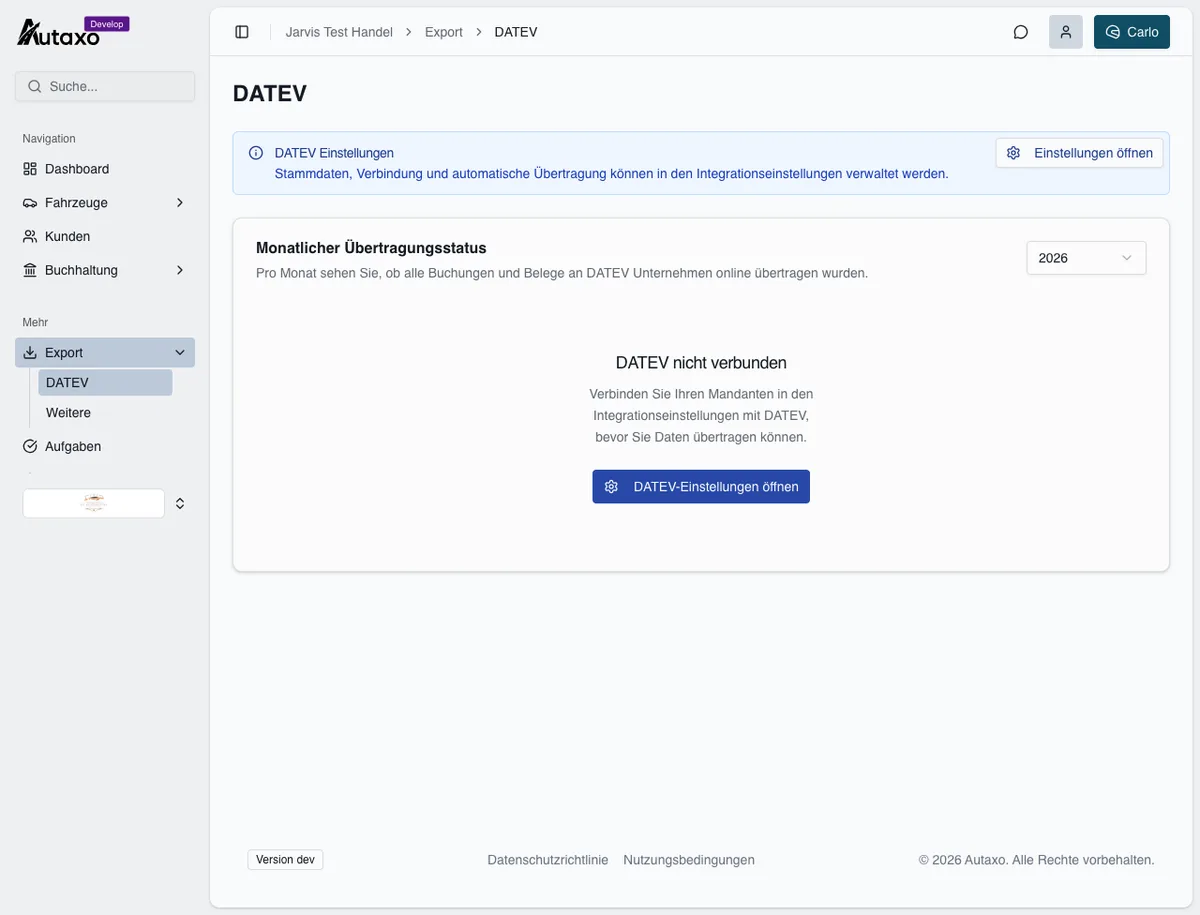 DATEV-Export mit monatlichem Übertragungsstatus