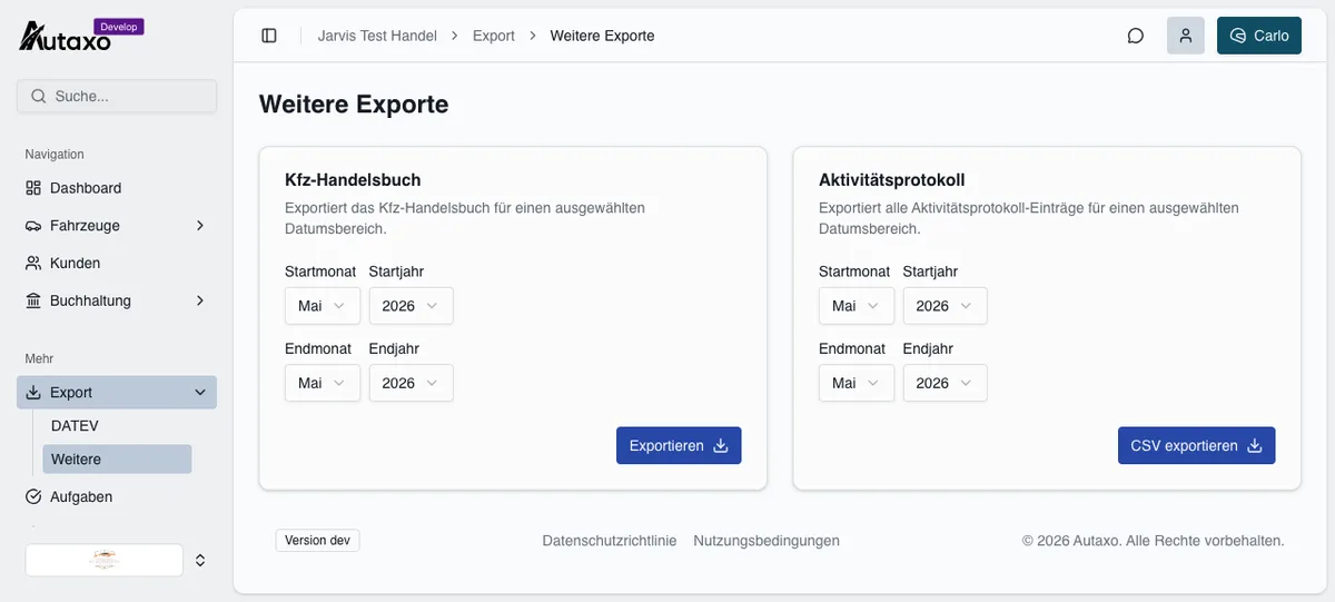 Export-Dialog für das Kfz-Handelsbuch