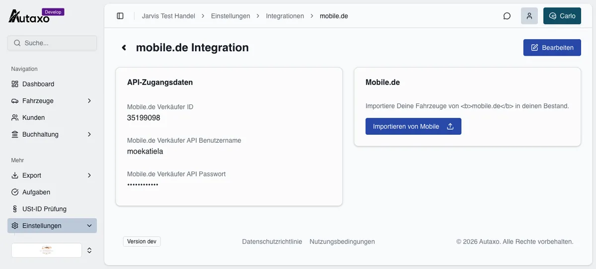 mobile.de Integration mit API-Zugangsdaten