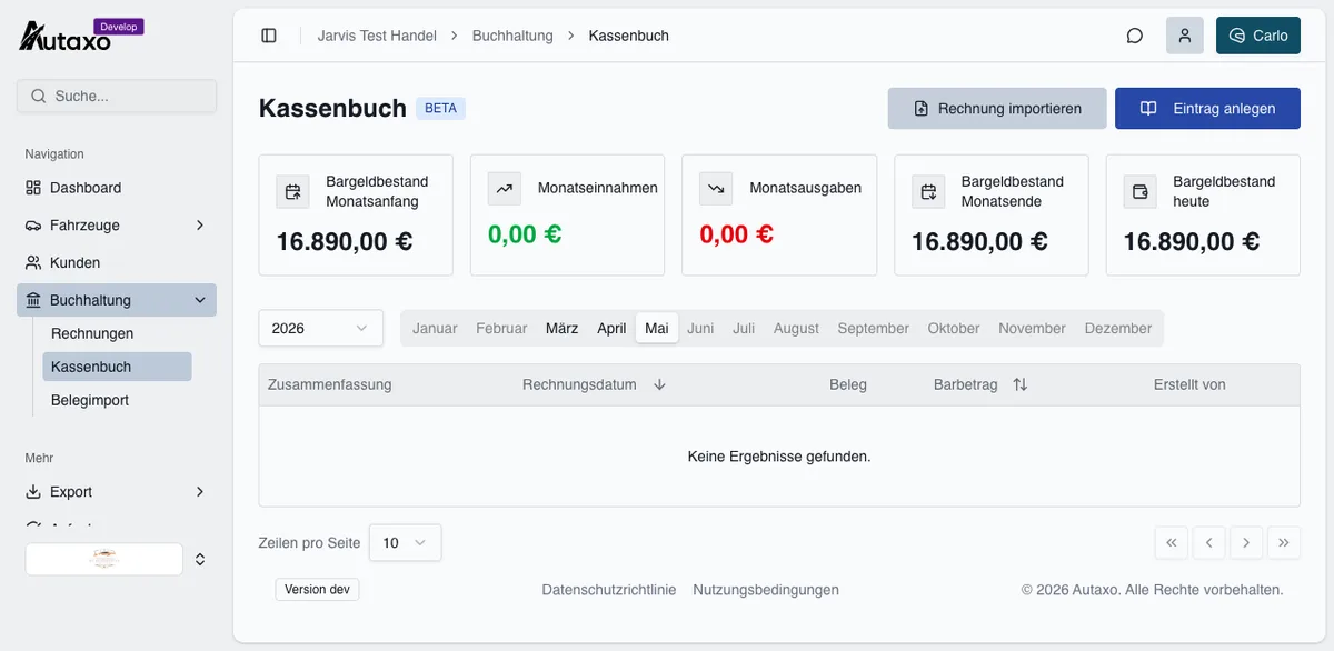 Kassenbuch mit KPI-Karten und Buchungstabelle