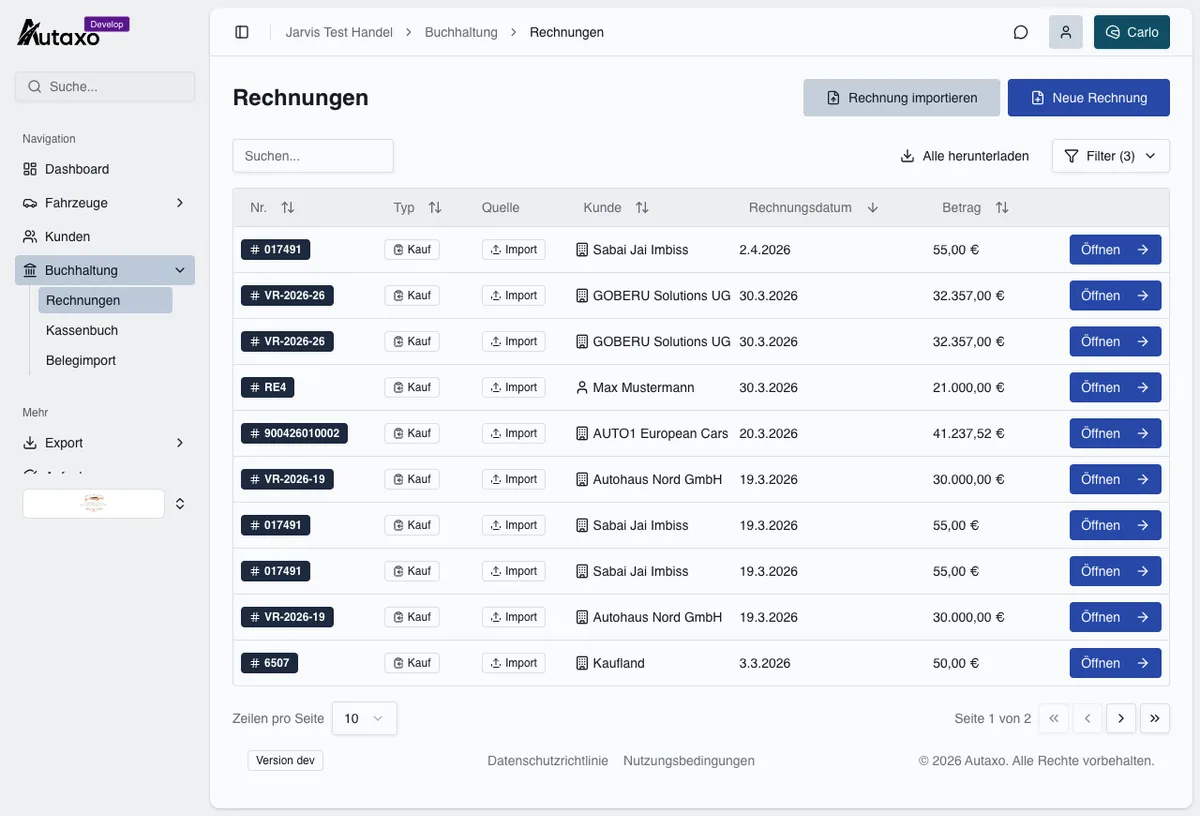 Rechnungsübersicht mit Kauf- und Verkaufsrechnungen