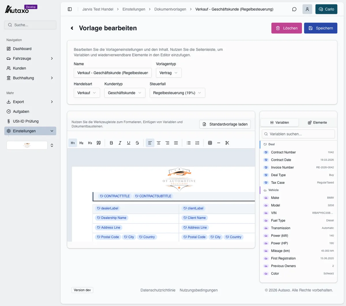 Vorlagen-Editor mit dynamischen Variablen und Bausteinen